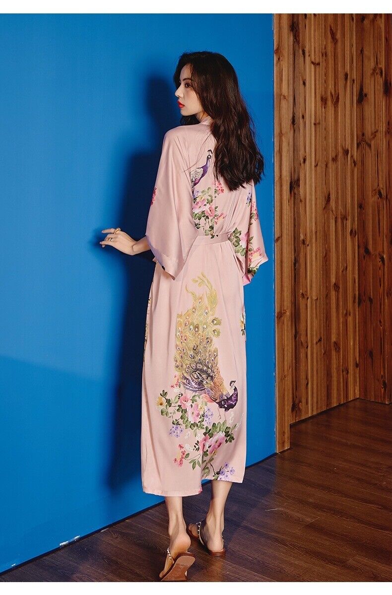 Satin Chinese Japanese Luxurious Pink Peacock Prints Trim Kimono Dressing Gown