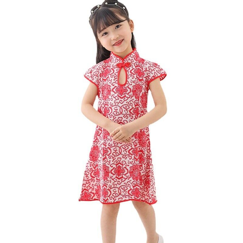 Chinese Childrens Girls Red Vintage Porcelain Prints Qipao Cheongsam Dress gcd16