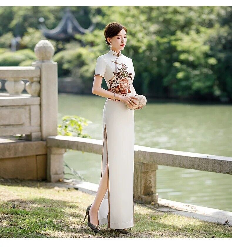 Luxurious Satin Chinese Pearl White Embroidered Long Dress Cheongsam Qipao