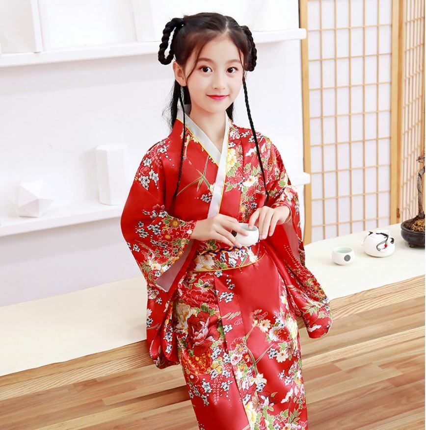 New Japanese Childrens Girls Red with Flower Prints Long Kimono Outfit gjk2