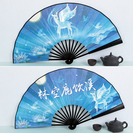 New Chinese Silver Deer with Wings Lotus Blossom Blue Wooden Hand Fan ccfan214