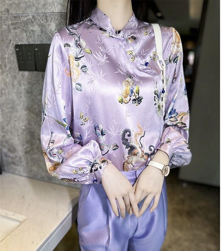 New Modern Chinese Fashion Ladies Purple with Floral Prints Satin Shirt Blouse