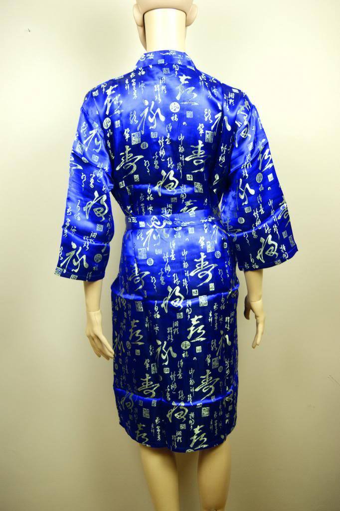 Gougeous Womens Ladies Chinese Japanese Oriental Kimono Blue Dressing Gown Robe