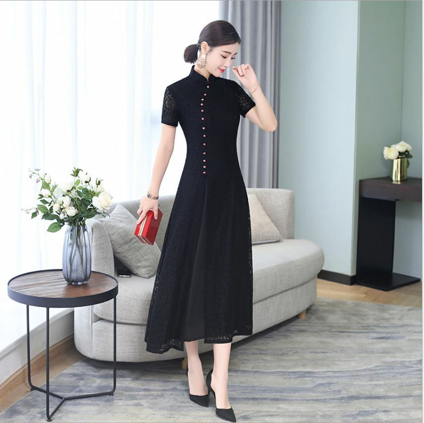 New Luxurious Elegant Black Lace Chinese Long Dress Cheongsam Qipao lcdress77