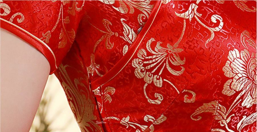 New Luxurious Red Satin Chinese Floral Short Dress Cheongsam Qipao lcdress82