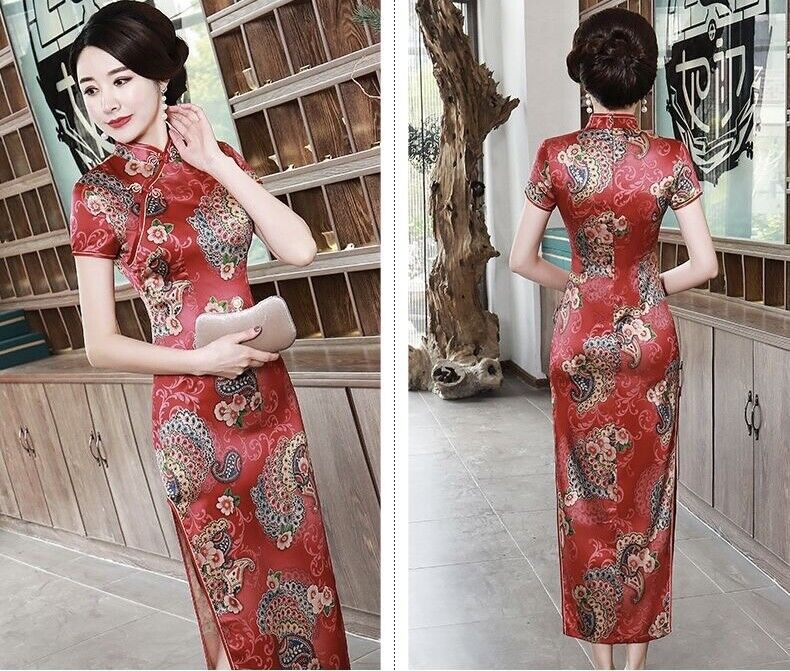 Ladies Red Chinese Gold Floral Prints Prints Long Dress Cheongsam Qipao