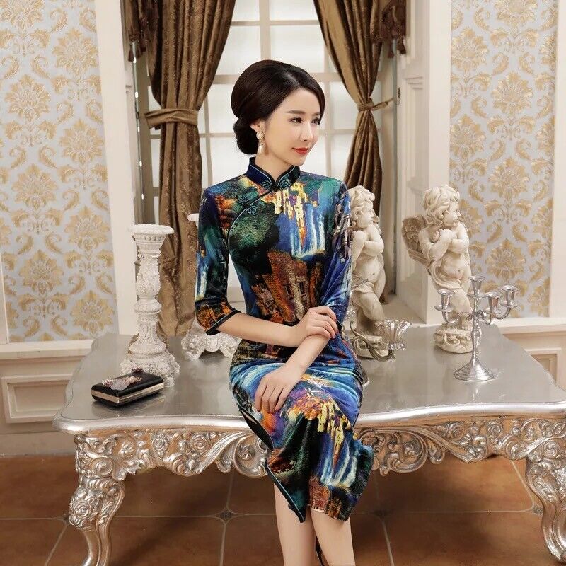 Luxurious Velvet Water Paint Chinese Long Dress Cheongsam Qipao lcdress63