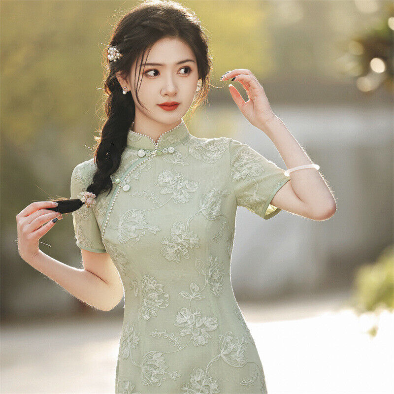 Luxurious Chinese Green Chiffon Embroidered Floral Short Cheongsam Qipao Dress