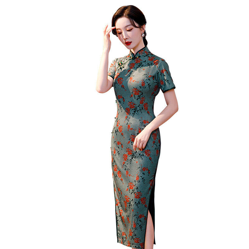 New Luxurious Chinese Spring Green With Red Flowers Long Cheongsam Qipao Dress