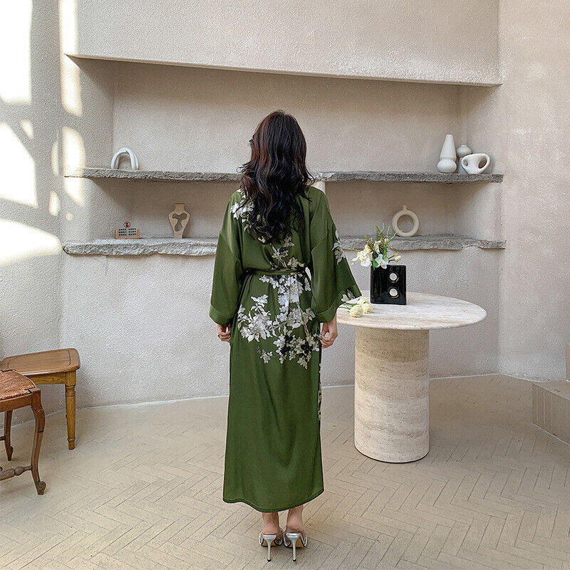 Elegant Ladies Moss Green Floral Chinese Japanese Kimono Long Nightgown Bathrobe