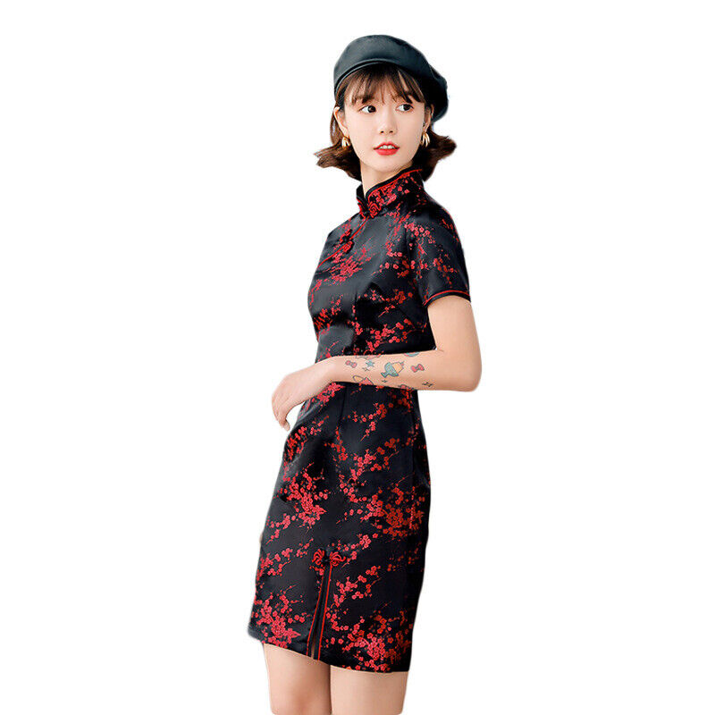 Chinese Red Cherry Blossom Black Short Dress Cheongsam Qipao lcdress215