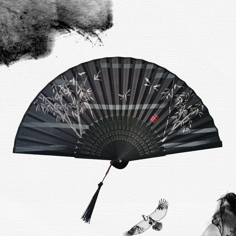 New Chinese Bamboo Forest with Dragon Flies Black Wooden Hand Fan ccfan226