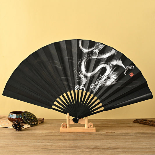 Chinese Japanese Double Sided White Dragon Black Cloth Bamboo Hand Fan ccfan206