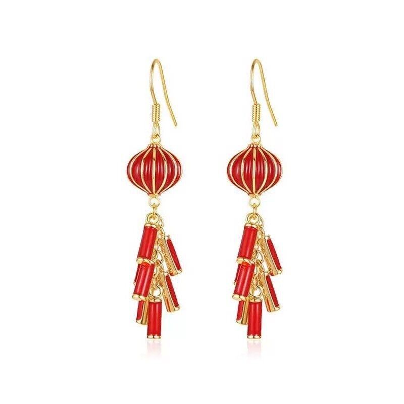 New Ladies Chinese Lucky Red Lantern and Fire Crackers Golden Dangle Earrings