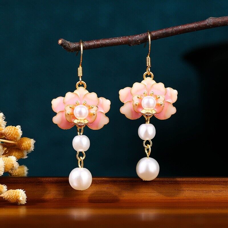 New Chinese Blooming Cherry Blossom Pearl Drop Hook Earrings with Gold Accents