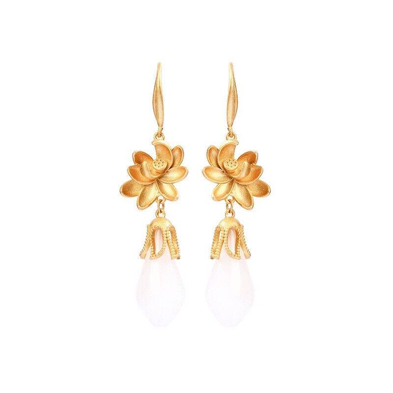 Chinese Hanfu Qipao Accessories Gold Plated Hetian Jade Lotus Flower Earrings