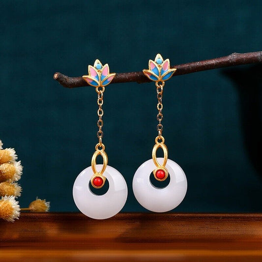 New Chinese Lotus Bloom Enamel Earrings with Jade Discs and Coral Bead Detail