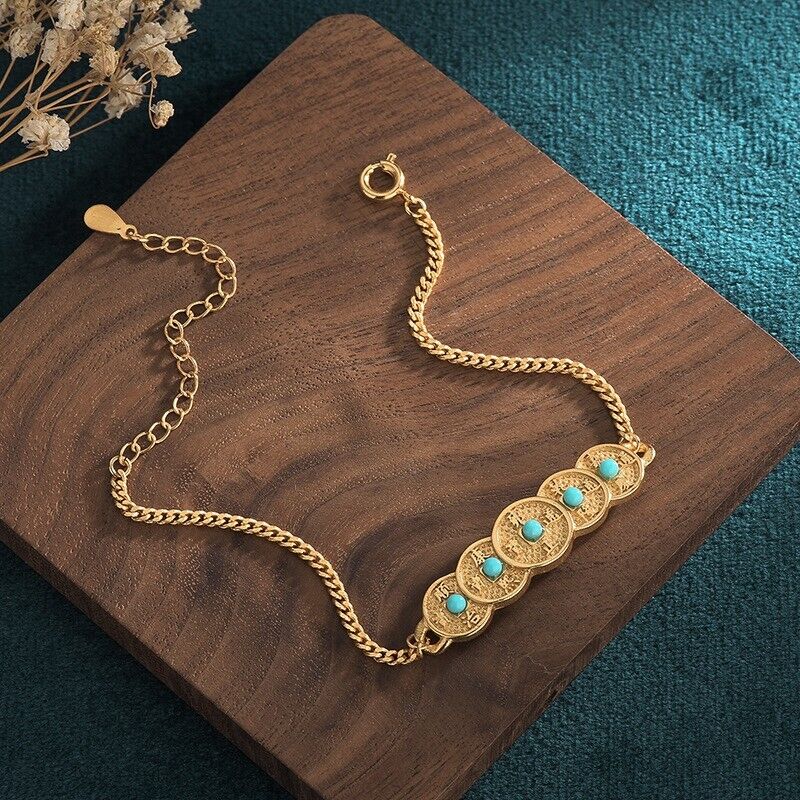 Ladies Chinese Linked Ancient Coins Faux Turquoise Gold Plated Chain Bracelet