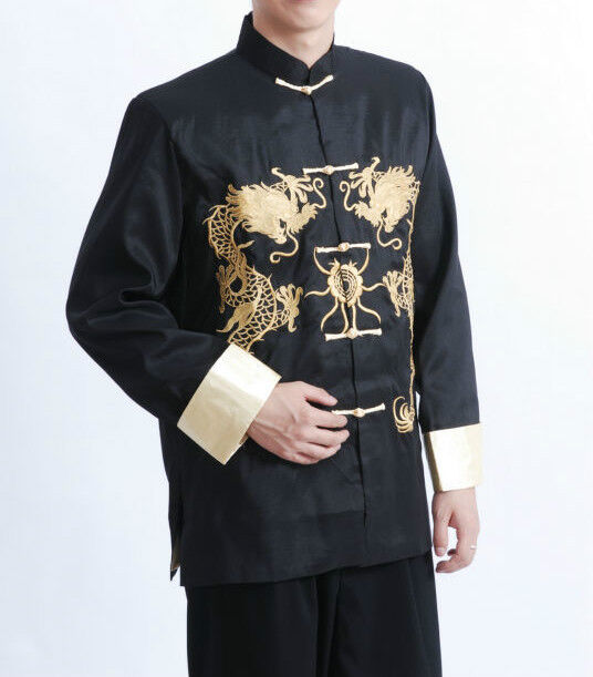 Chinese Oriental Mens Kung Fu Satin Black Golden Dragon Top Long Shirt cmssh16