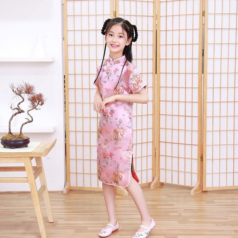 Chinese Asian Pink Childrens Girls Gold Dragons Satin Qipao Cheongsam Dress