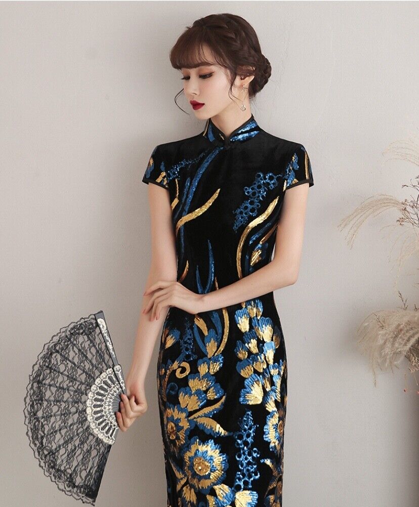 New Luxurious Black Royal Floral Chinese Sequin Long Dress Cheongsam Qipao