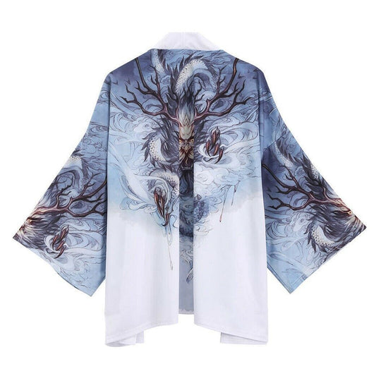 New Womens Ladies Chinese Japanese Oriental Black Kimono White Dragon Top ltop27