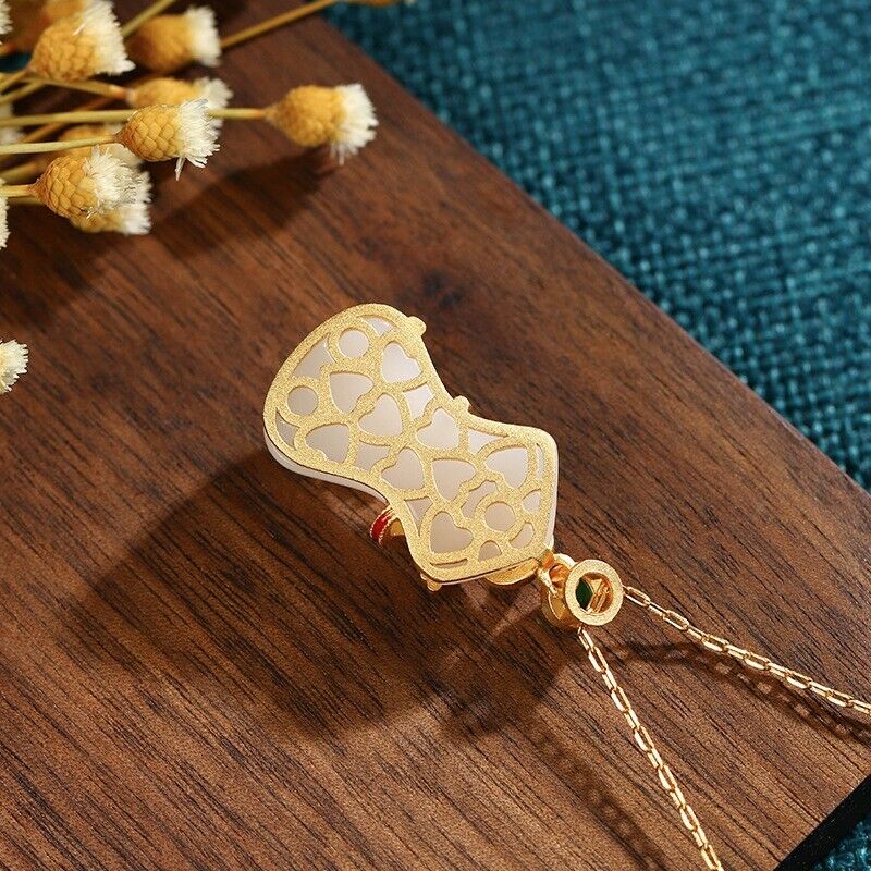 Chinese Ladies Qipao Shaped Gold-Plated Pendant Hetian Jade Enamel Necklace