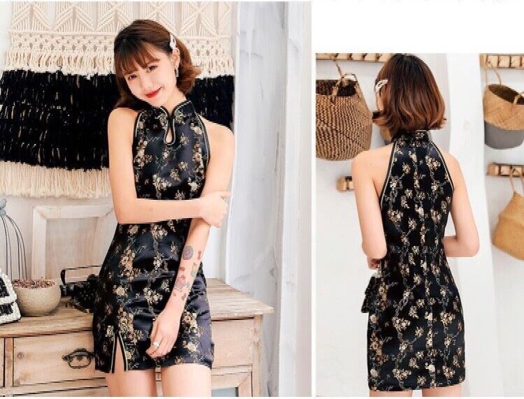 Luxurious Chinese Sleeveless Black Floral Short Dress Cheongsam Qipao lcdress198