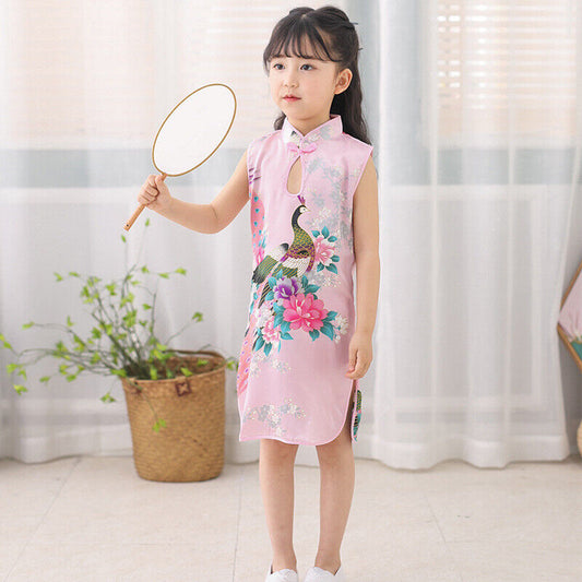 New Chinese Childrens Girls Pink Oriental Peacock Qipao Cheongsam Dress gcd17