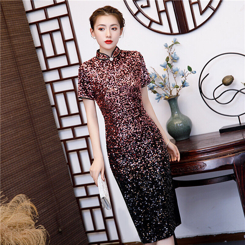 Luxurious Chinese Purple And Gold Sequin Short Cheongsam Qipao Dress