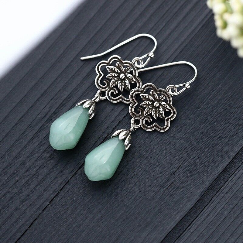 New Ladies Chinese Green Jade Floral Stainless Steel Dangling Hook Earrings