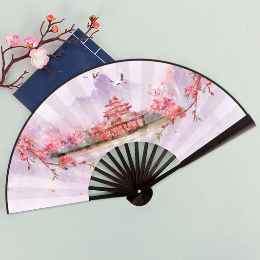 Chinese Flower Tower with Cherry Blossom & Heave Cranes Wooden Hand Fan ccfan212