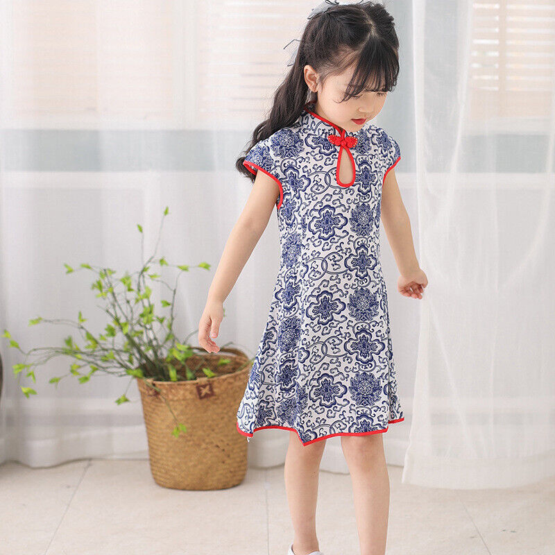 Chinese Childrens Girls Blue Vintage Porcelain Print Qipao Cheongsam Dress gcd15