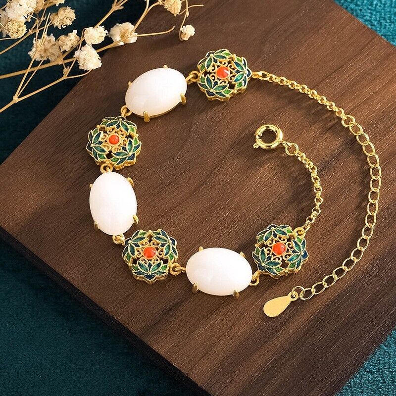 New Ladies Chinese Oval White Jade Floral Enamel Gold Plated Chain Bracelet