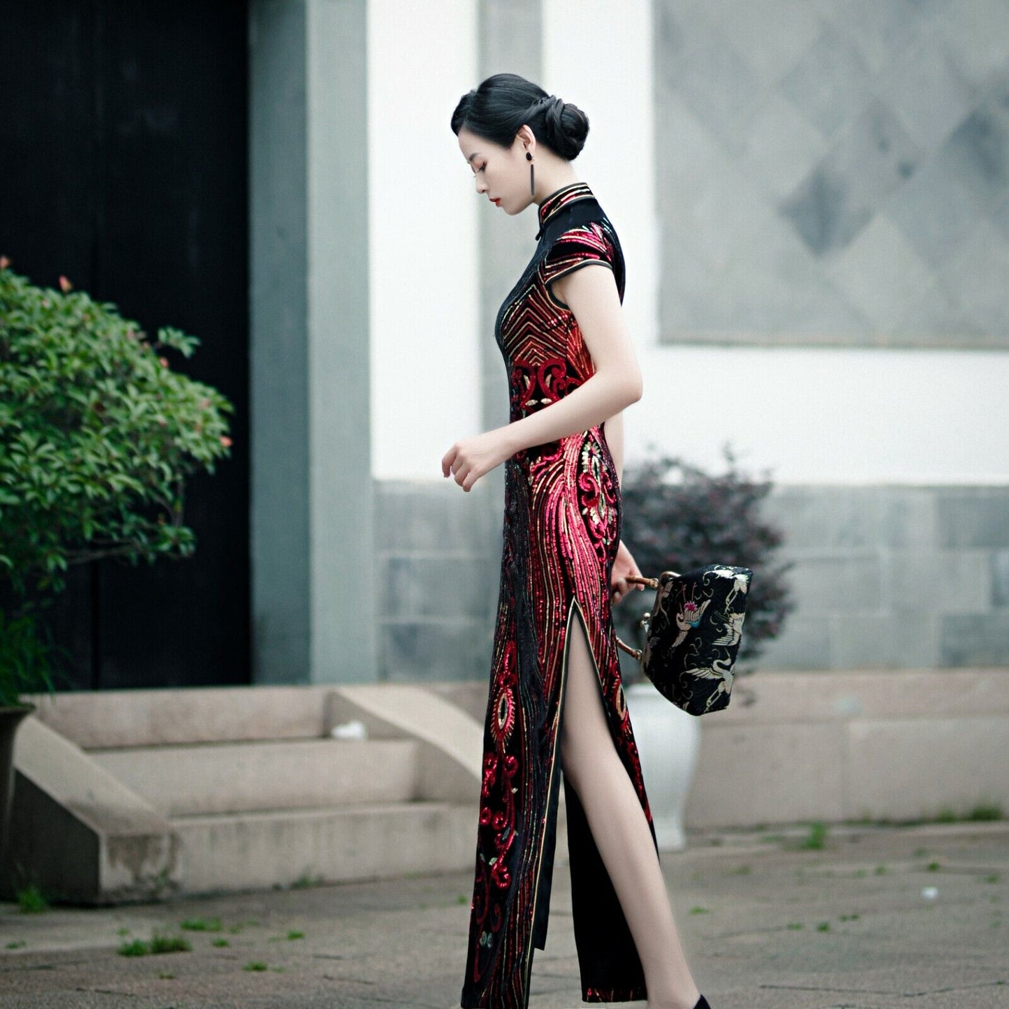 Luxurious Chinese Red & Gold Sequin Long Dress Cheongsam Qipao