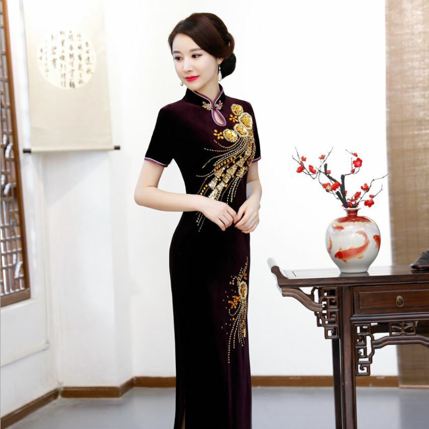 New Velvet Purple Phoenix Flowers Chinese Long Dress Cheongsam Qipao lcdress89