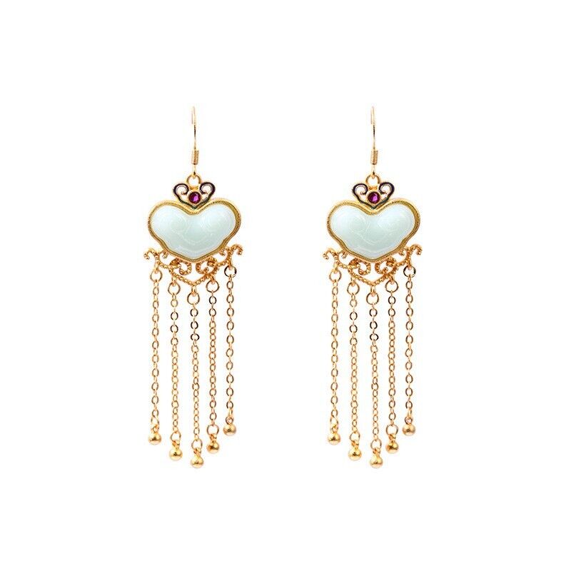 Chinese Romantic Heart-Shaped Mint Jade and Gold Chain Tassel Earrings