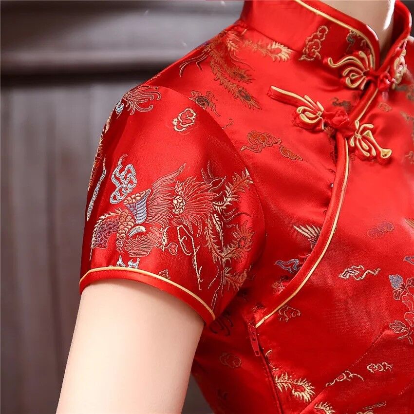 Luxurious Red Satin Dragon Phoenix Chinese Long Dress Cheongsam Qipao lcdress54