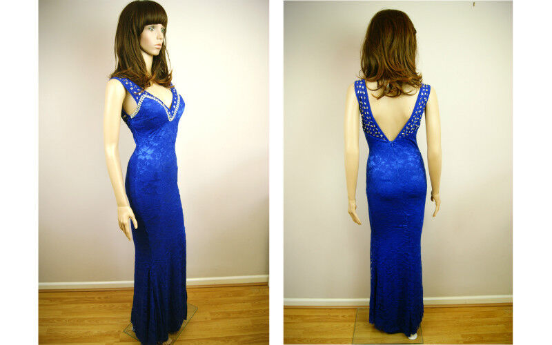 New Gorgeous Ladies Womens Blue Diamond Studs Metallic Floral Long Evening Dress