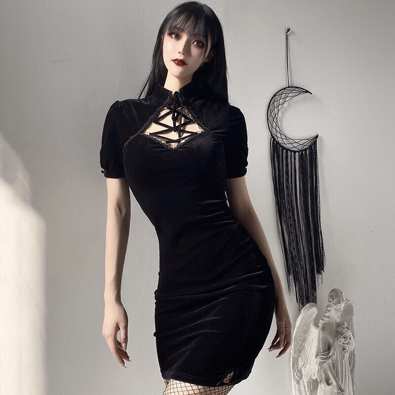 Luxurious Chinese Magic Black Velvet Short Cheongsam Qipao Dress lcdress210