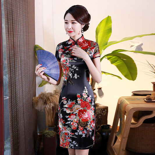 New Black Satin Floral Prints Chinese Asian Short Cheongsam Qipao Dress