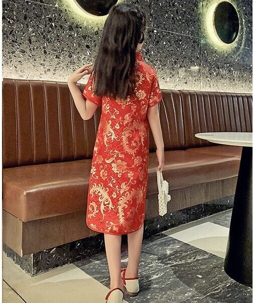 New Chinese Childrens Girls Red Phenix Flowers Qipao Cheongsam Dress gcd18