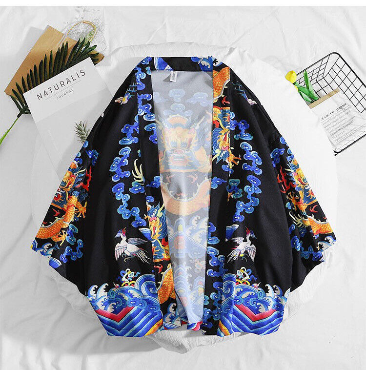 Womens Ladies Chinese Japanese Oriental Kimono Royal Dragon Black Top ltop19