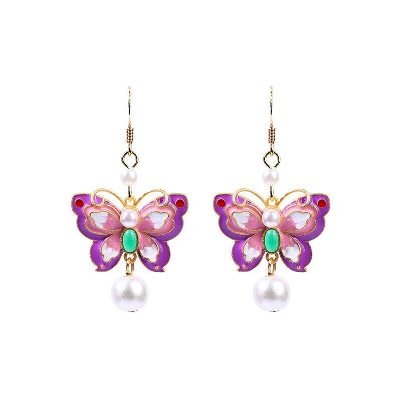 New Chinese Enchanted Garden Cloisonné Butterfly Earrings with Pearls and Jade