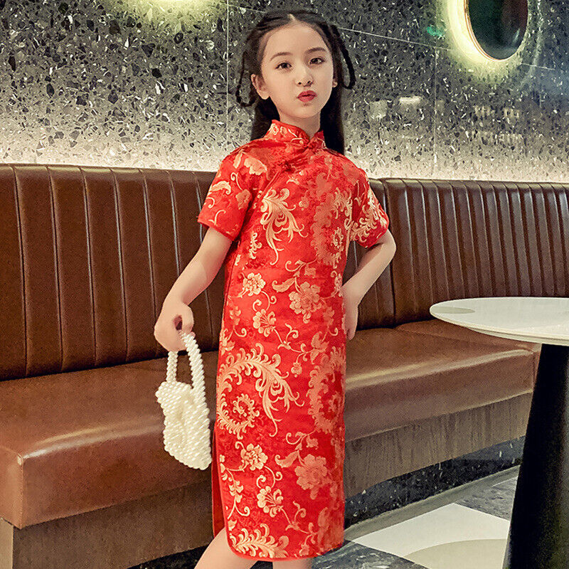 New Chinese Childrens Girls Red Phenix Flowers Qipao Cheongsam Dress gcd18