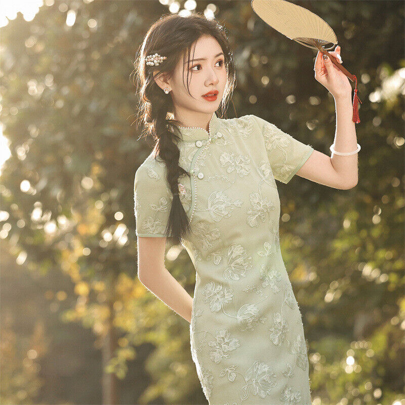 Luxurious Chinese Green Chiffon Embroidered Floral Short Cheongsam Qipao Dress