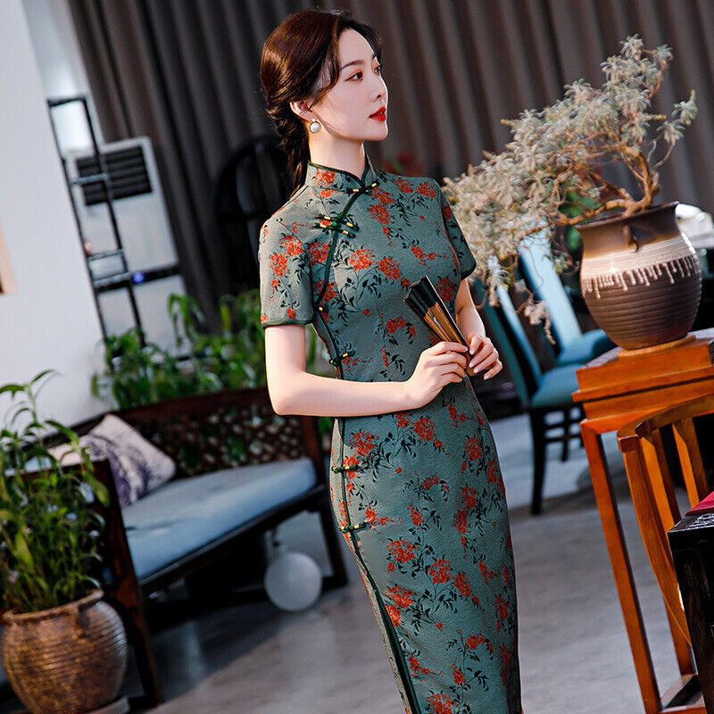 New Luxurious Chinese Spring Green With Red Flowers Long Cheongsam Qipao Dress