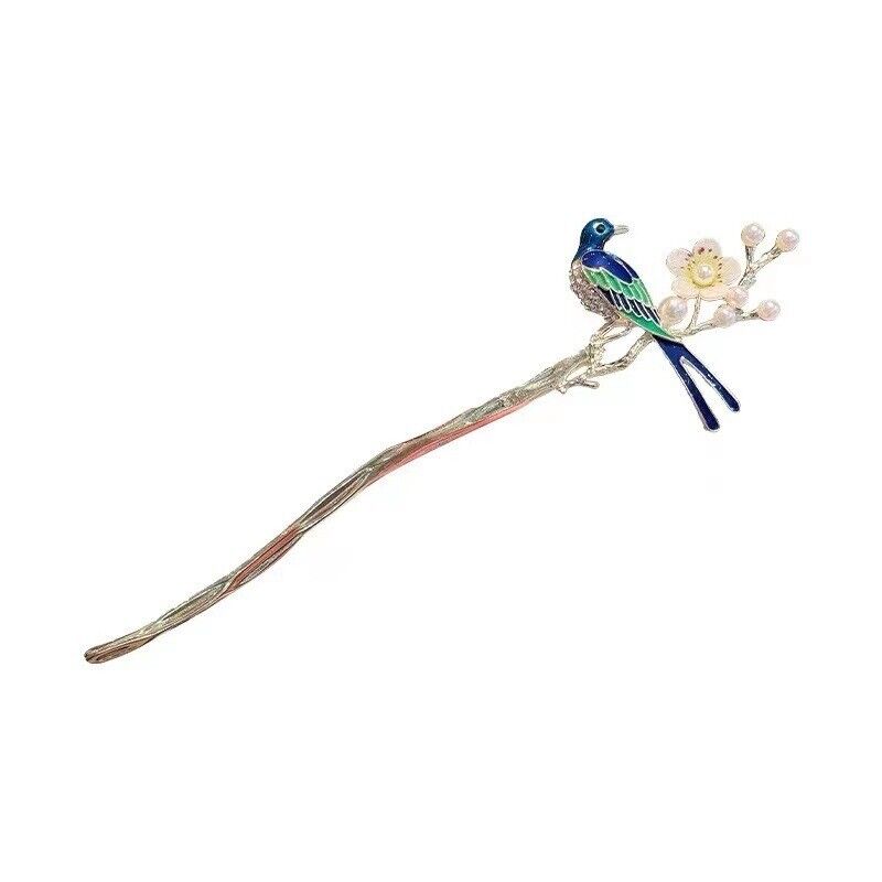 Chinese Hair ChopStick Blue Enamel Magpie on Golden Branch with Diamonds Pearls