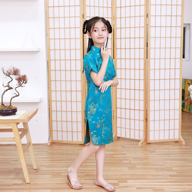 Chinese Japanese Asian Childrens Blue Girls Gold Dragons Qipao Cheongsam Dress