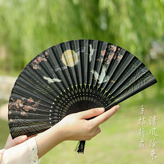 Chinese Flying Cranes Round Moon Cherry Blossom Black Wooden Hand Fan ccfan217